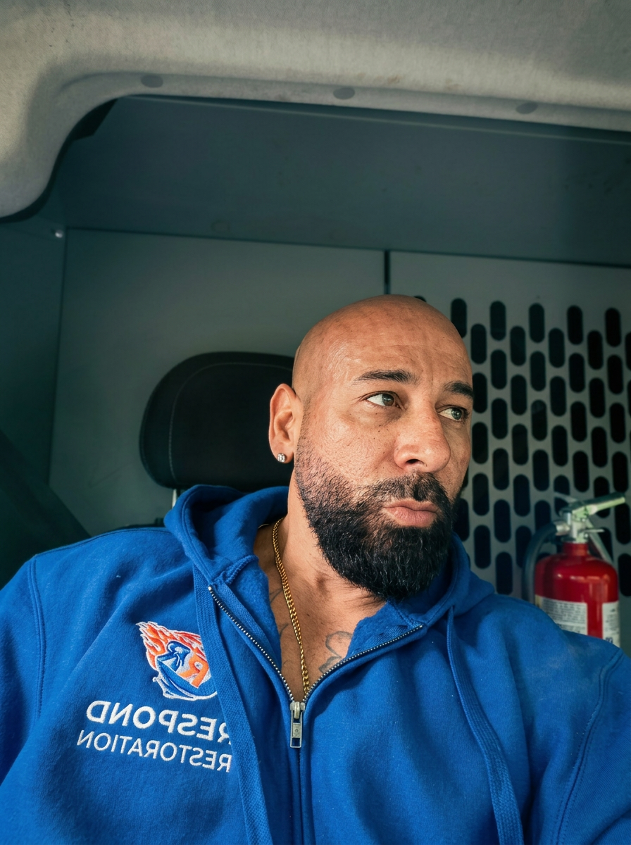 Joseph Perez Rosado, Founder of Respond Restoration, in dispatch vehicle